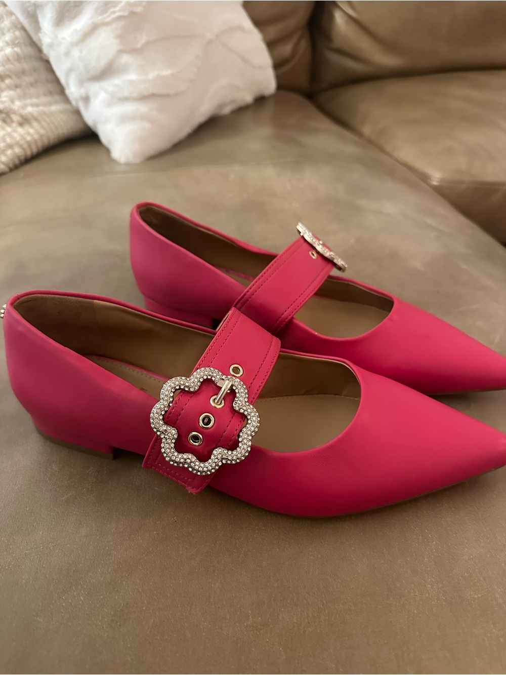 Sam & Libby Hot Pink Pointed Mary Jane Flats with Rhinestone Floral Buckle